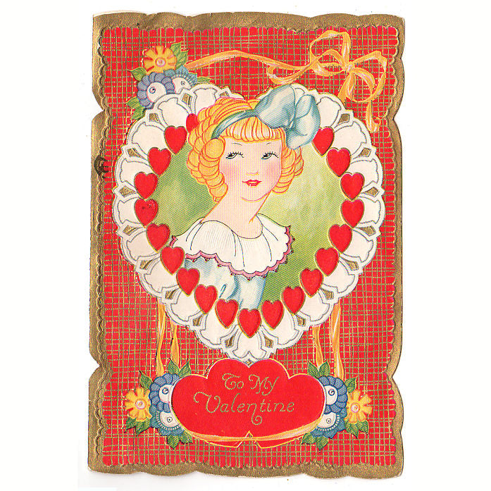 Vintage 1930s Embossed Valentine Card Cute Girl in Heart Shaped Frame