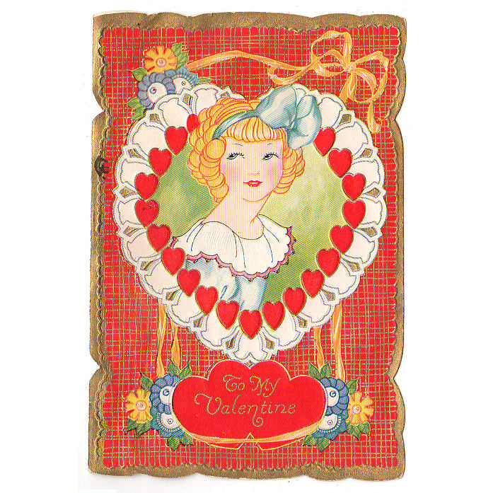 Vintage 1930s Embossed Valentine Card Cute Girl in Heart Shaped Frame - Avid Vintage
