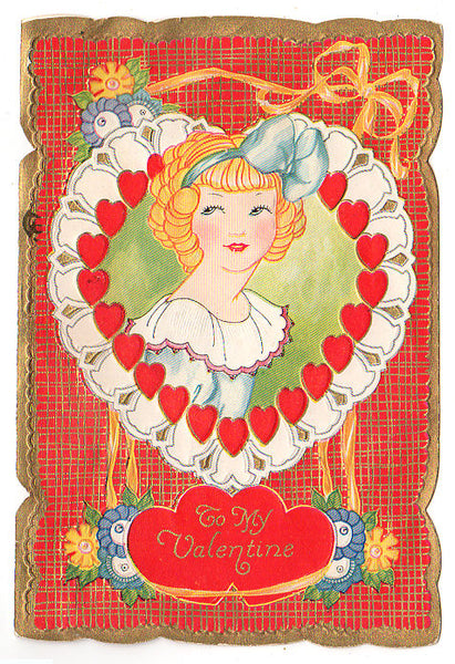 Vintage 1930s Embossed Valentine Card Cute Girl in Heart Shaped Frame - Avid Vintage