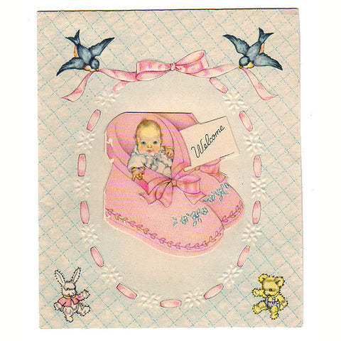 1940s Wallace Brown New Baby Greeting Card Baby in Pink Booties - Avid Vintage