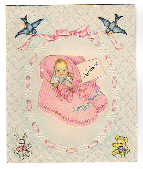1940s Wallace Brown New Baby Greeting Card Baby in Pink Booties - Avid Vintage