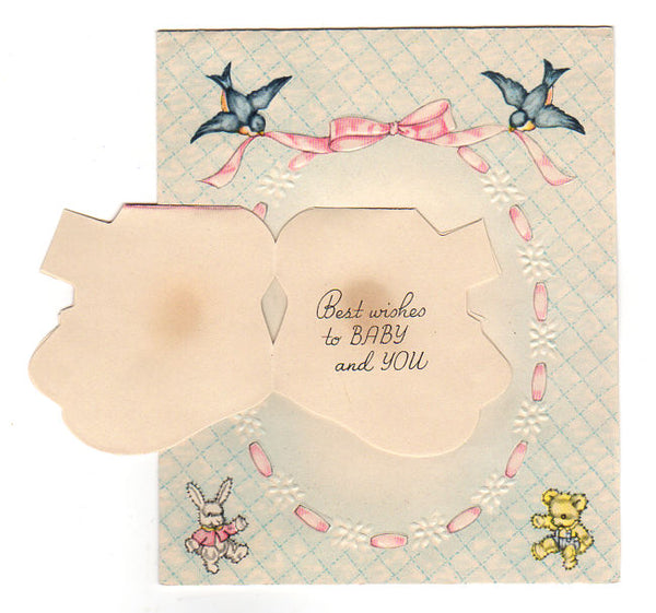 1940s Wallace Brown New Baby Greeting Card Baby in Pink Booties - Avid Vintage