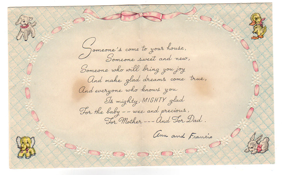 1940s Wallace Brown New Baby Greeting Card Baby in Pink Booties - Avid Vintage