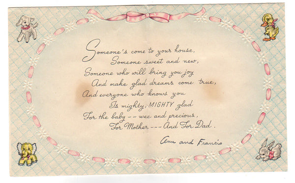 1940s Wallace Brown New Baby Greeting Card Baby in Pink Booties - Avid Vintage