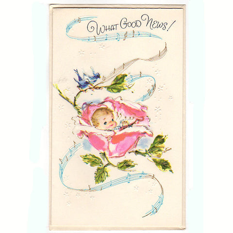 Vintage 1950s New Baby Congratulations Card What Good News Music Notes UNUSED - Avid Vintage