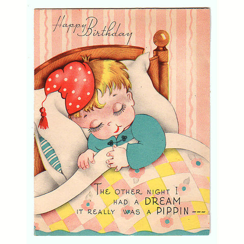 Vintage 1950s Wallace Brown Kids Birthday Card Boy in Bed Dreaming of Wealth - Avid Vintage