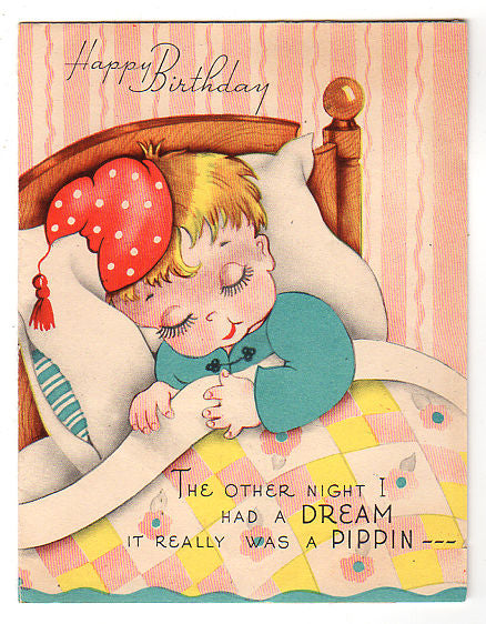 Vintage 1950s Wallace Brown Kids Birthday Card Boy in Bed Dreaming of Wealth - Avid Vintage