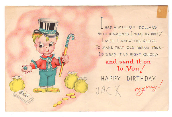 Vintage 1950s Wallace Brown Kids Birthday Card Boy in Bed Dreaming of Wealth - Avid Vintage