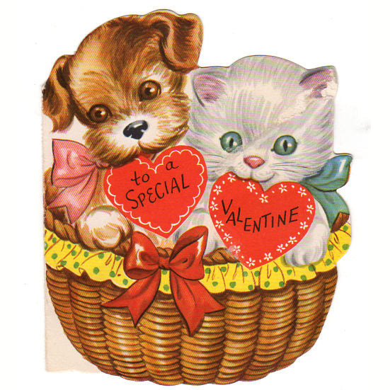 Vintage 1950s Whitman Valentine Card Puppy and Kitten in Wicker Basket