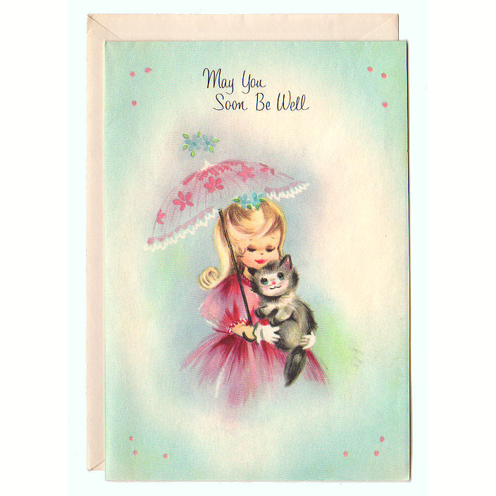 Vintage 1960s Get Well Girl in Pink Dress Parasol and Gray Kitten Unused - Avid Vintage