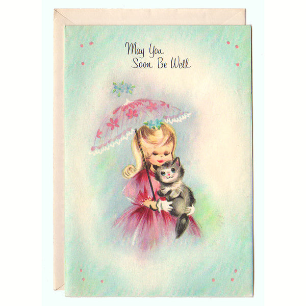 Vintage 1960s Get Well Girl in Pink Dress Parasol and Gray Kitten Unused - Avid Vintage