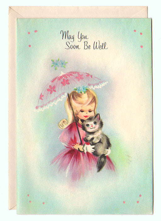 Vintage 1960s Get Well Girl in Pink Dress Parasol and Gray Kitten Unused - Avid Vintage