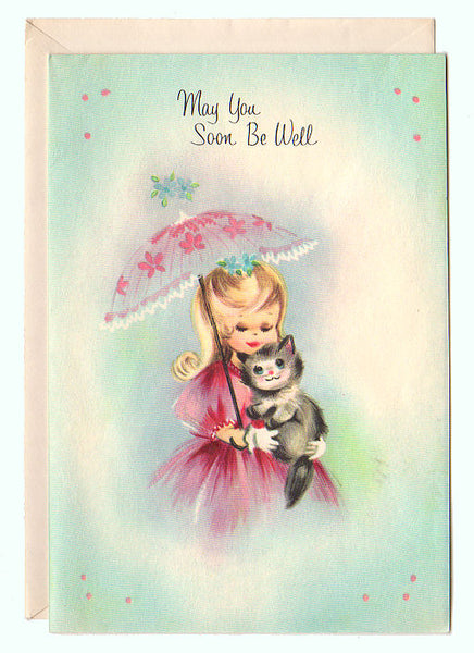 Vintage 1960s Get Well Girl in Pink Dress Parasol and Gray Kitten Unused - Avid Vintage
