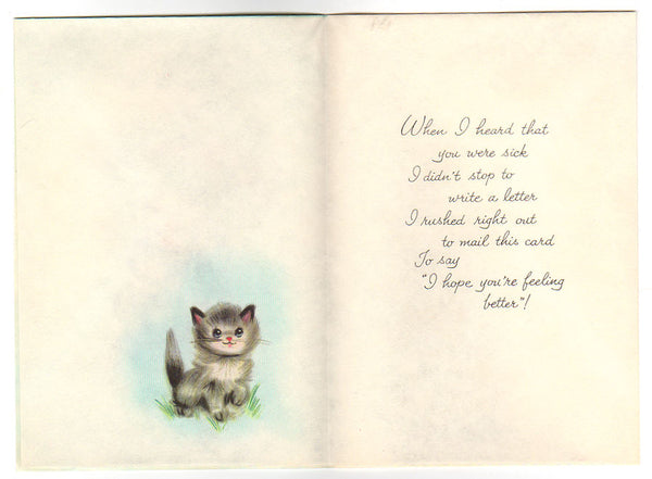 Vintage 1960s Get Well Girl in Pink Dress Parasol and Gray Kitten Unused - Avid Vintage