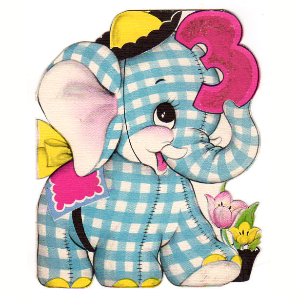 Vintage 3 Year Old Childrens Birthday Card 1950s Greeting Blue Plaid Elephant Used - Avid Vintage