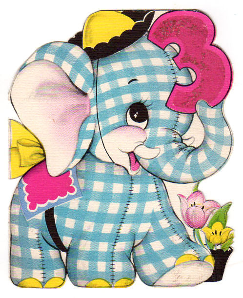 Vintage 3 Year Old Childrens Birthday Card 1950s Greeting Blue Plaid Elephant Used - Avid Vintage