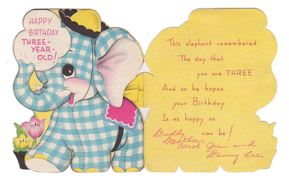 Vintage 3 Year Old Childrens Birthday Card 1950s Greeting Blue Plaid Elephant Used - Avid Vintage