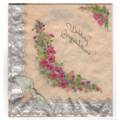Vintage 1930s Buzza Wedding Card Pink and Green Floral with Silver Border - Avid Vintage