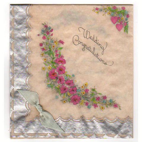 Vintage 1930s Buzza Wedding Card Pink and Green Floral with Silver Border - Avid Vintage
