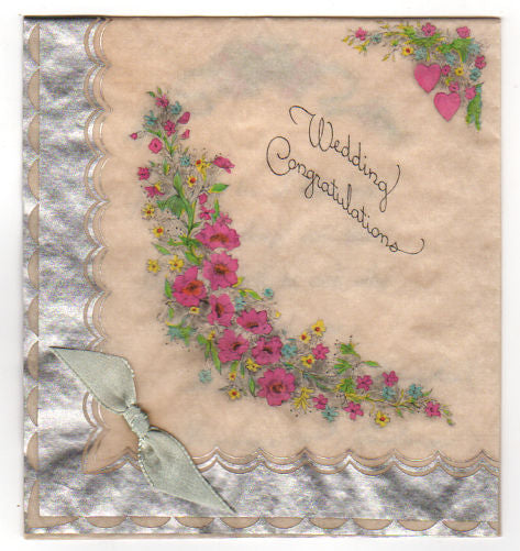 Vintage 1930s Buzza Wedding Card Pink and Green Floral with Silver Border - Avid Vintage