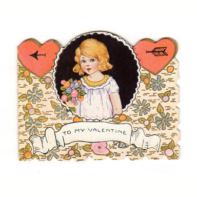 Vintage 1920s Art Deco Valentine Card Little Girl with Bouquet of Flowers - Avid Vintage