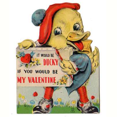 Vintage 1940s Anthropomorphic Valentine Card Artist Duck with Paintbrush  Red Beret
