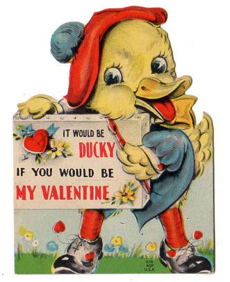 Vintage 1940s Anthropomorphic Valentine Card Artist Duck with Paintbrush Red Beret - Avid Vintage