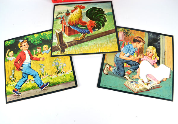 Vintage Whitman Picture Puzzles 4414 Boxed Set of 3 Rooster and Children - Avid Vintage