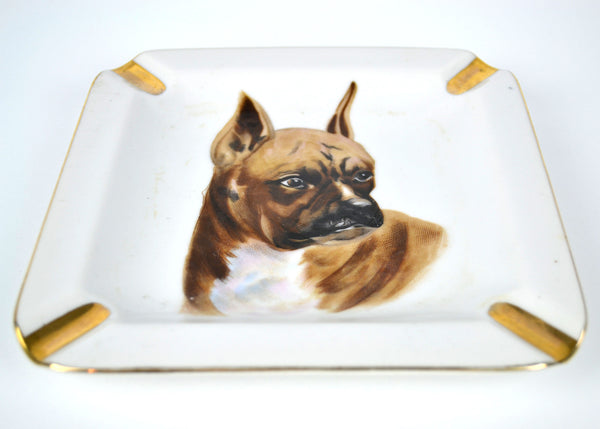 Vintage Boxer Dog Square Ashtray with Gold Trim - Avid Vintage