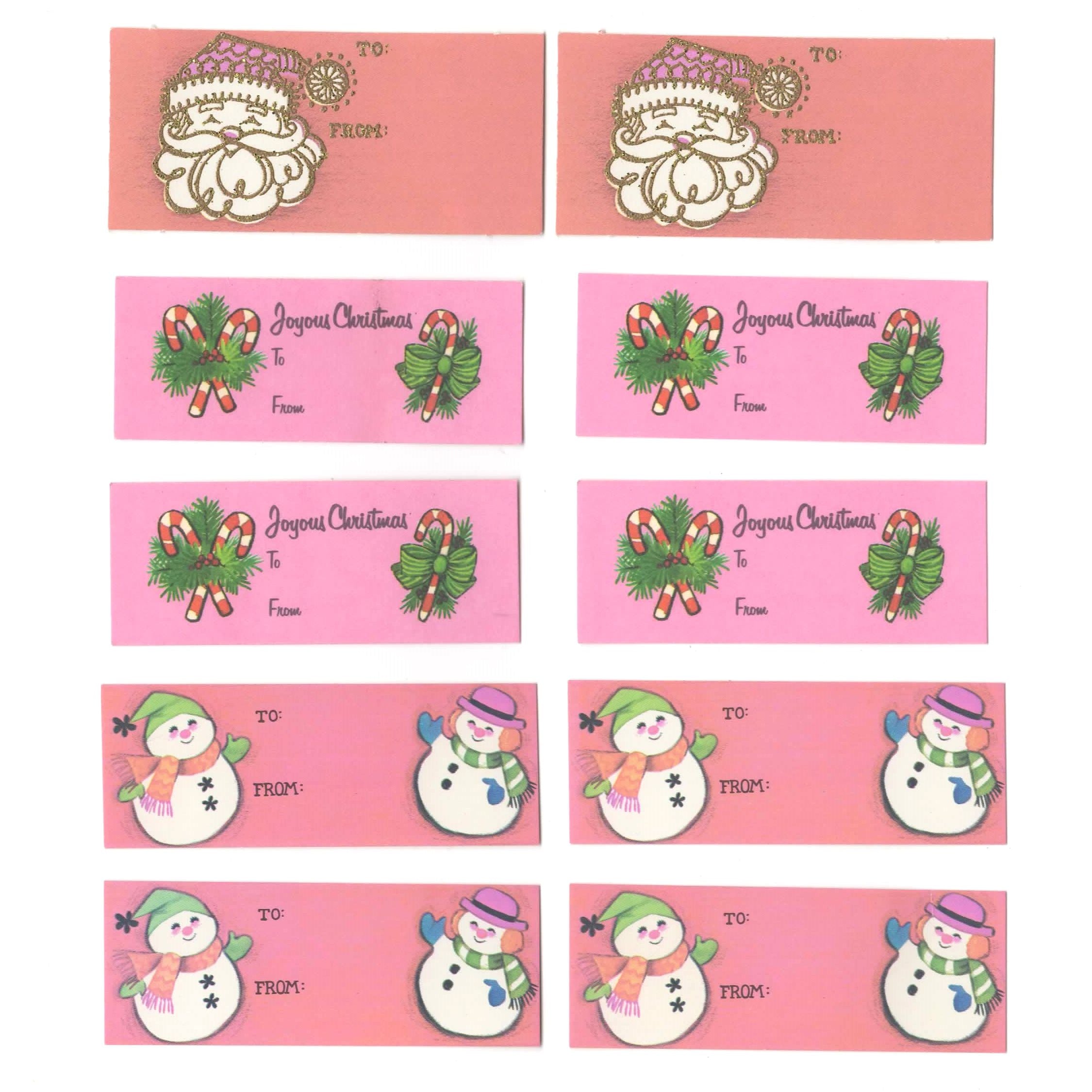 Vintage Christmas Present Name Tags Unused Lot of 10 Pink Snowmen, Candy Canes, Santa - Avid Vintage
