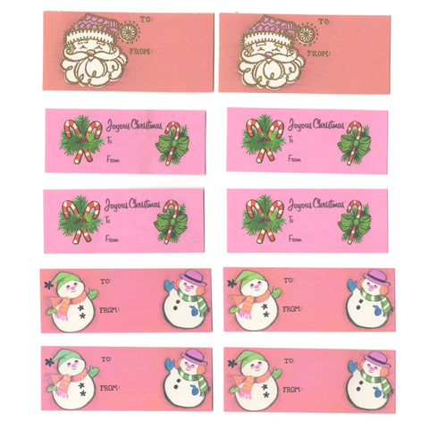 Vintage Christmas Present Name Tags Unused Lot of 10 Pink Snowmen, Candy Canes, Santa - Avid Vintage