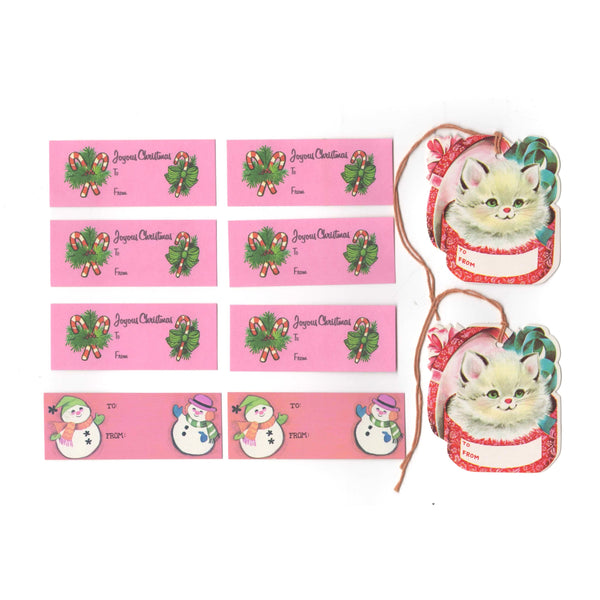 Vintage Christmas Stringed Gift Tags Lot of 10 Kittens, Candy Canes, Snowmen - Avid Vintage