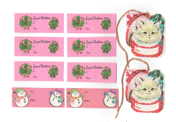 Vintage Christmas Stringed Gift Tags Lot of 10 Kittens, Candy Canes, Snowmen - Avid Vintage