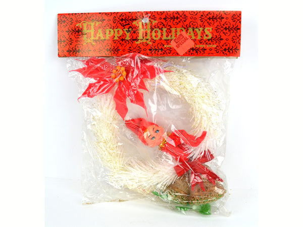 Vintage Kitsch Pixie Elf Christmas Tree Ornament White Wreath Gold Bells New in Package - Avid Vintage