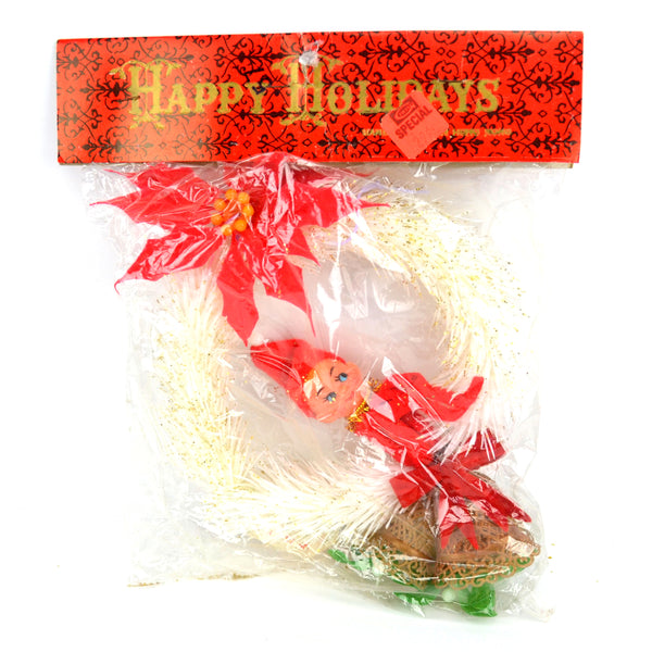 Vintage Kitsch Pixie Elf Christmas Tree Ornament White Wreath Gold Bells New in Package - Avid Vintage