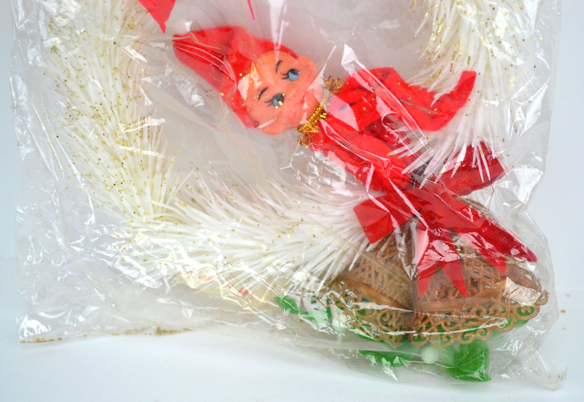 Vintage Kitsch Pixie Elf Christmas Tree Ornament White Wreath Gold Bells New in Package - Avid Vintage