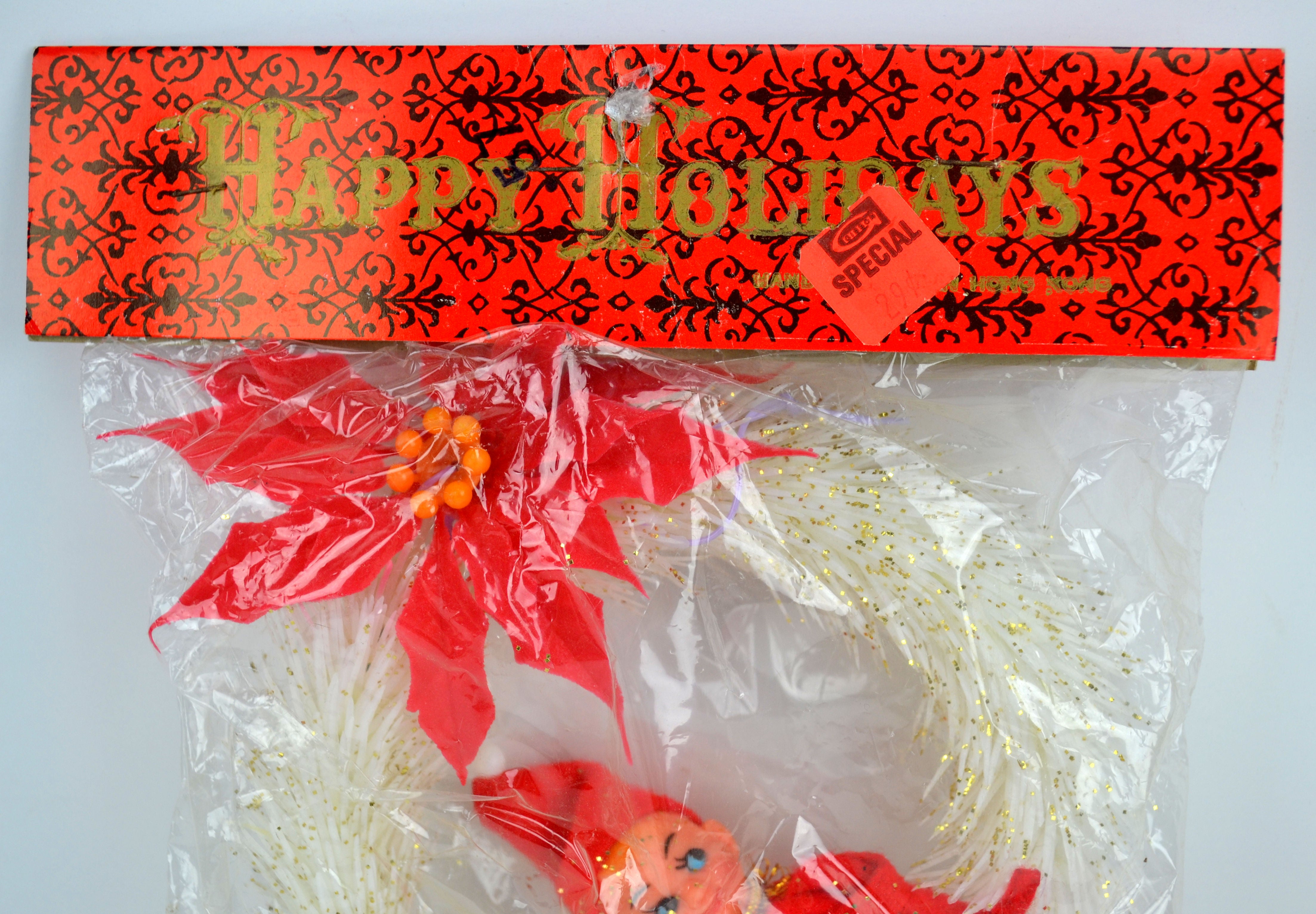 Vintage Kitsch Pixie Elf Christmas Tree Ornament White Wreath Gold Bells New in Package - Avid Vintage