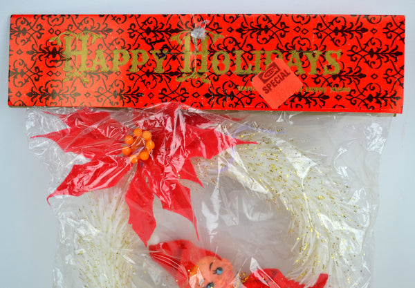 Vintage Kitsch Pixie Elf Christmas Tree Ornament White Wreath Gold Bells New in Package - Avid Vintage