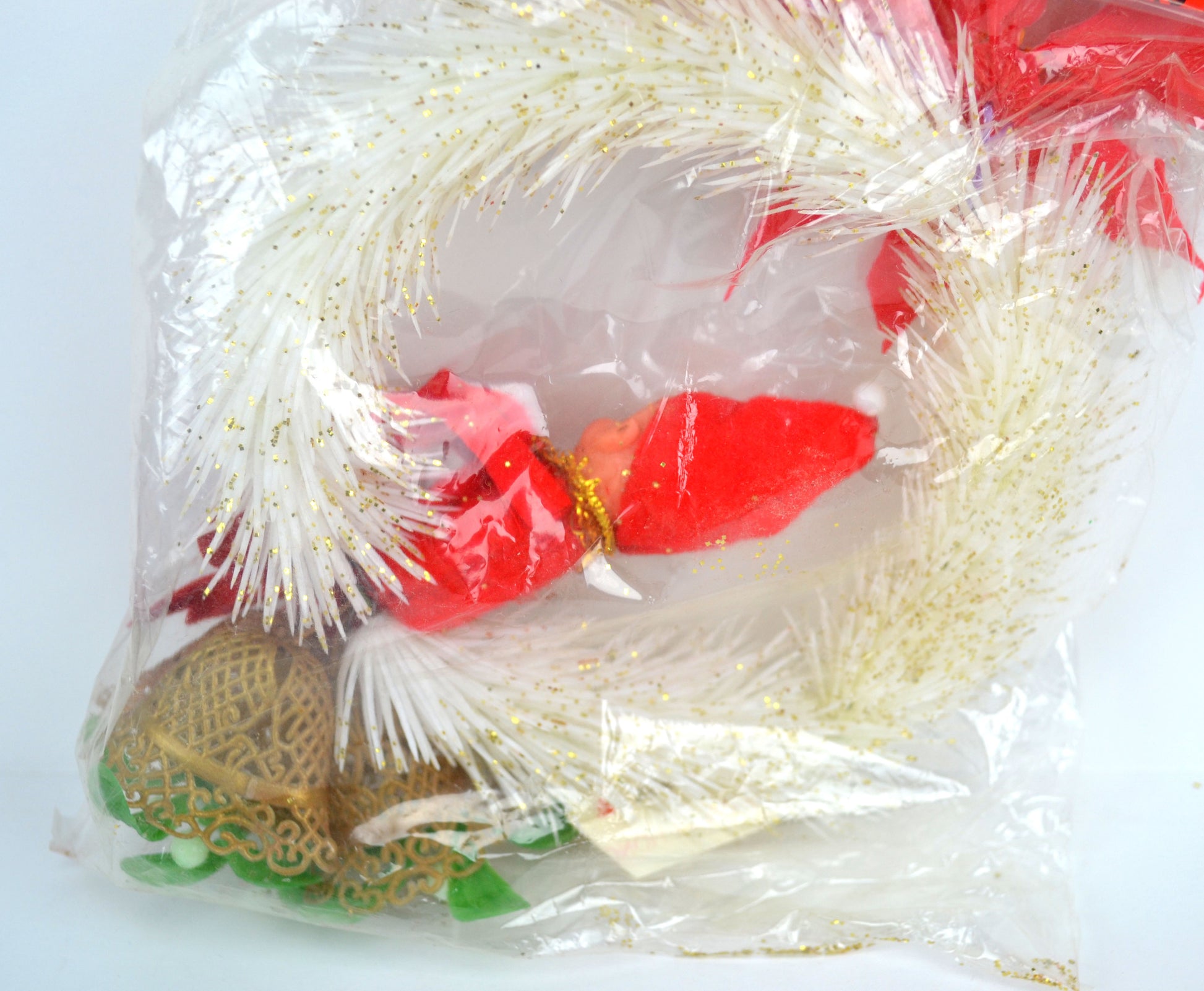Vintage Kitsch Pixie Elf Christmas Tree Ornament White Wreath Gold Bells New in Package - Avid Vintage
