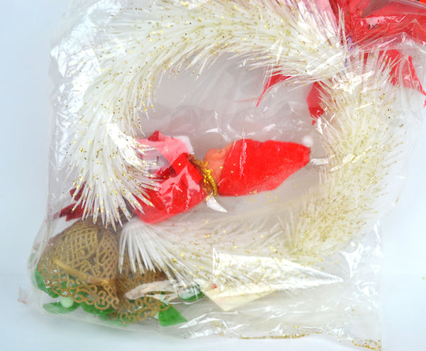 Vintage Kitsch Pixie Elf Christmas Tree Ornament White Wreath Gold Bells New in Package - Avid Vintage