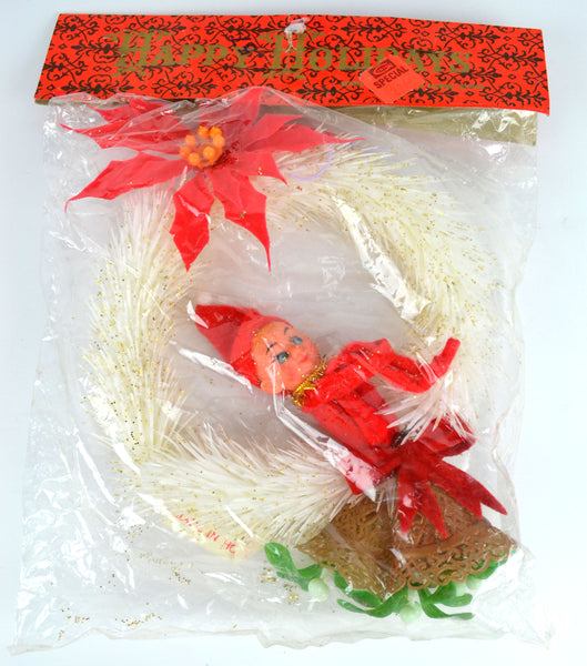 Vintage Kitsch Pixie Elf Christmas Tree Ornament White Wreath Gold Bells New in Package - Avid Vintage