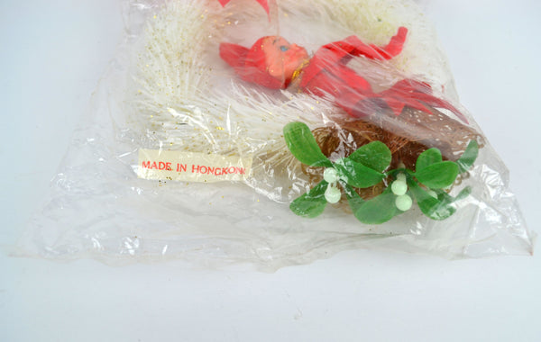 Vintage Kitsch Pixie Elf Christmas Tree Ornament White Wreath Gold Bells New in Package - Avid Vintage