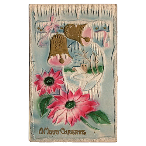 Vintage Christmas Postcard Heavily Embossed Gold Bells Winter Church Scene - Avid Vintage
