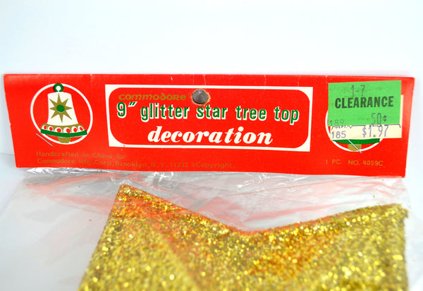 Vintage Commodore Christmas Tree Topper 9 Inch Star Gold Glitter New in Package - Avid Vintage
