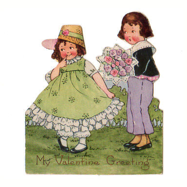 Vintage Die Cut Valentine Card 1930s Little Boy and Girl with Flower Bouquet - Avid Vintage