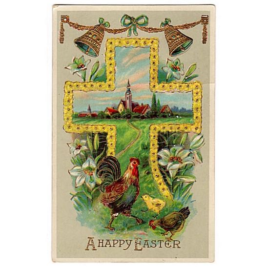 Vintage 1910s Easter Greetings Postcard 1910s Gold Accents Floral Cross Chickens Gold Bells - Avid Vintage
