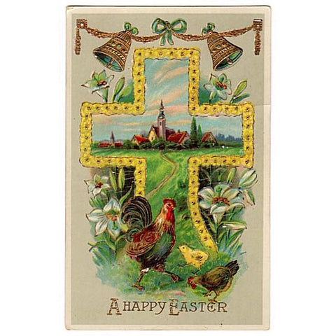 Vintage 1910s Easter Greetings Postcard 1910s Gold Accents Floral Cross Chickens Gold Bells - Avid Vintage