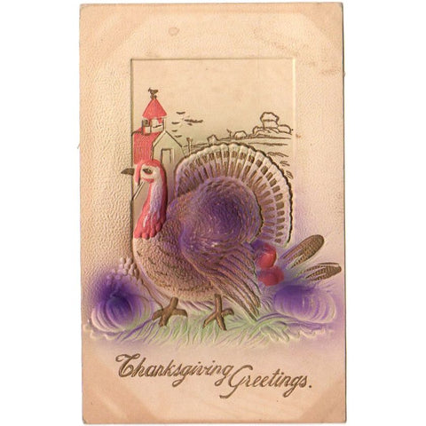 Vintage Embossed Thanksgiving Turkey Postcard Barn Pumpkins Corn - Avid Vintage