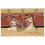 Vintage 1910s Gold Foil Birthday Postcard Little Girls Garland of Purple Flowers - Avid Vintage