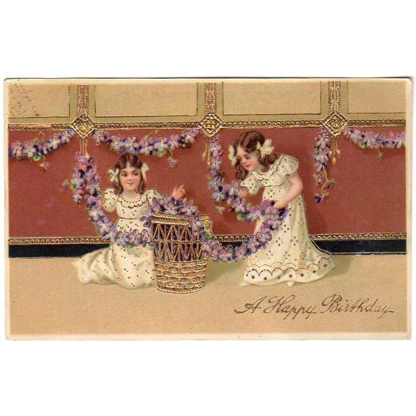 Vintage 1910s Gold Foil Birthday Postcard Little Girls Garland of Purple Flowers - Avid Vintage